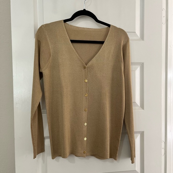 Metallic V-Neck Button-Up Cardigan Golden Wheat Holiday - Picture 6 of 8